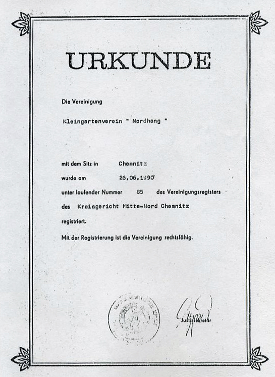 Urkunde Vereinsregister Chemnitz